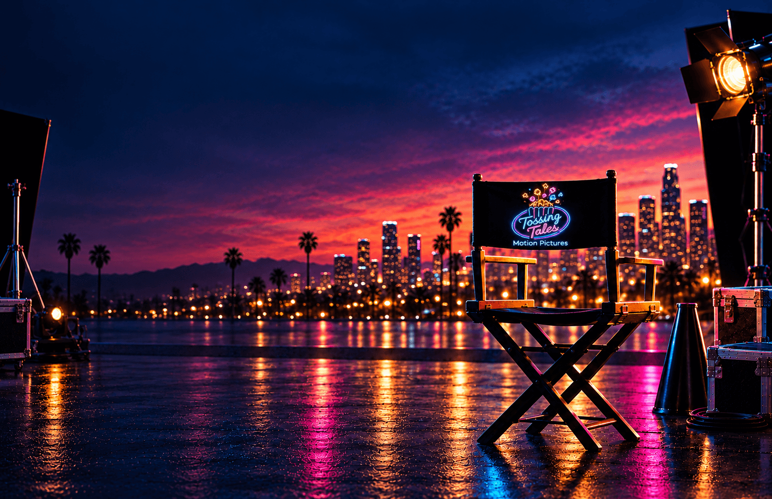 Tossing Tales director's chair and film lights overlooking a city skyline at sunset
